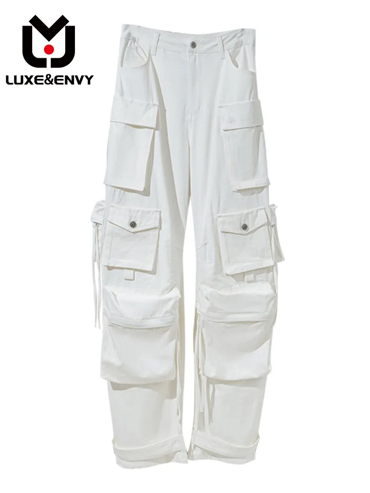 

LUXE&ENVY street style early spring new work imitation old wash torn hole multi-pocket wide leg work clothes jeans