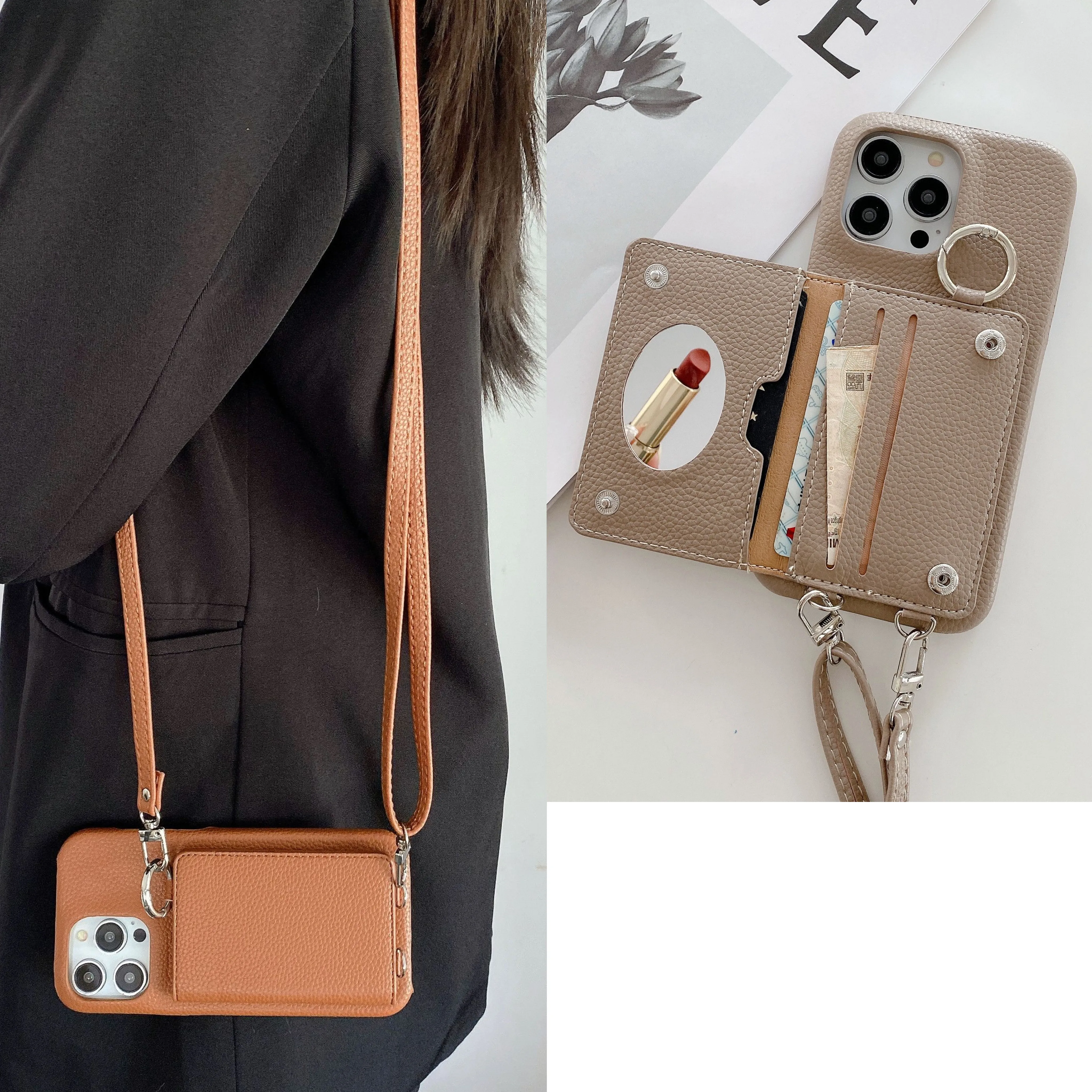 

Luxury Crossbody shoulder lanyard flip wallet leather case For iphone 11 12 13pro 14 14Pro max Card holder leather case cover