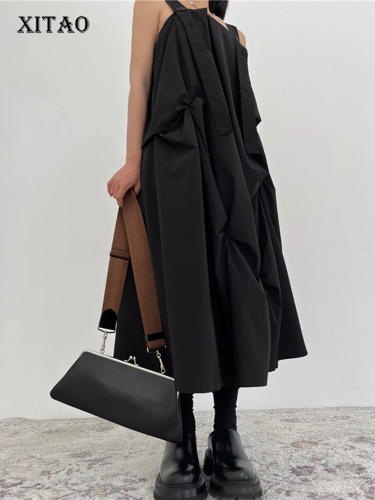 

XITAO, черное платье, необычное, одноцветное, с карманами, богиня, веер, повседневный стиль, элегантное, 2022, летнее, свободное платье, топ, WLD7356
