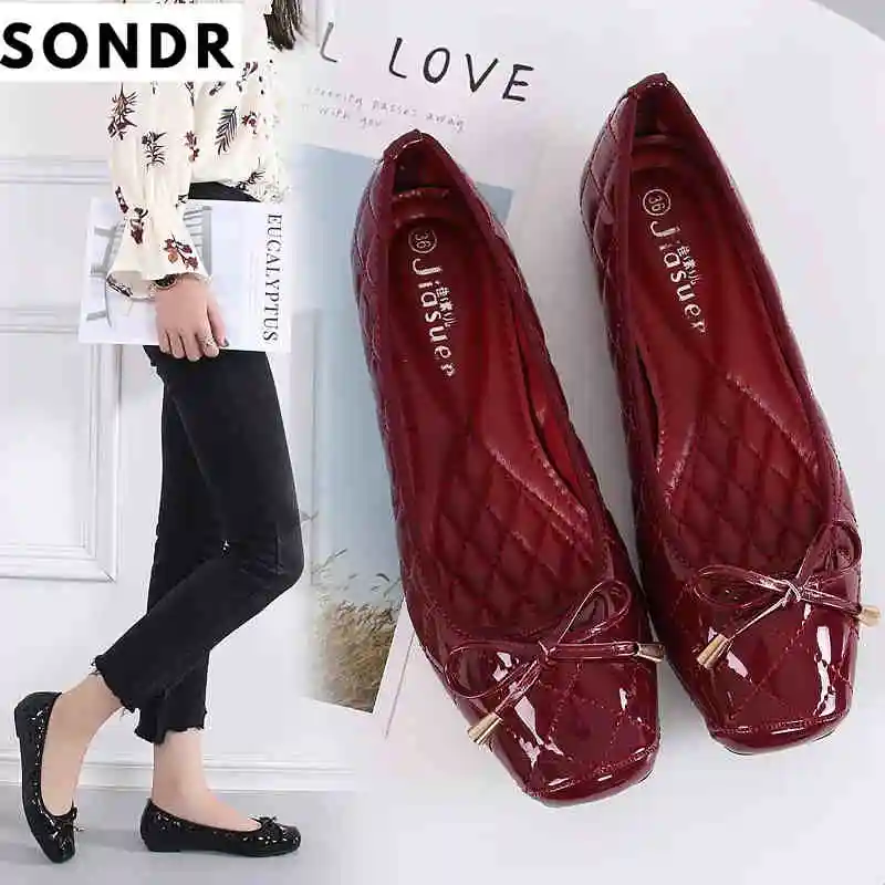 

New Arrival Patent Leather Flat Women Ballet Flats Shoes Women Plus Size 41 Black Square Toe Bowtie comfort Shoes Black For Lady