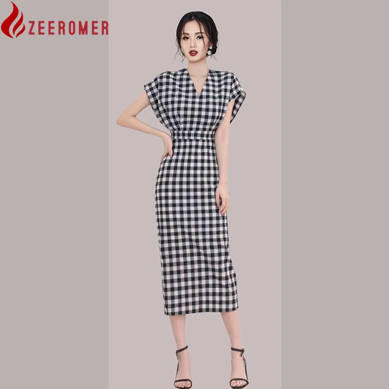 

2022 Summer Elegant Plaid Long Dress Women V Neck Sleeveless Bodycon pencil Dress High Waist Office Lady OL Midi Dress Vestidos