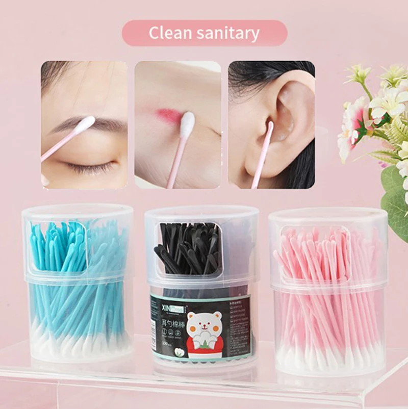 100Double-headed Cotton Swabs with Ear Spoons Plastic Curette Ear Pick Cleaner Ear Cleaner Spoon Portable Makeup Nail Art Sticks