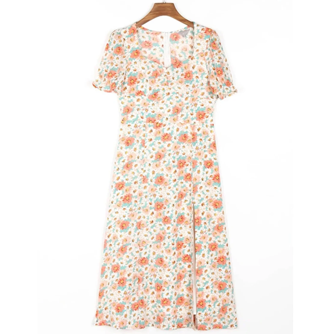 

Withered England Indie Folk Vintage Floral Print Square Collar Chiffon Elegant Party Dress Forking Casual Midi Dress Tops