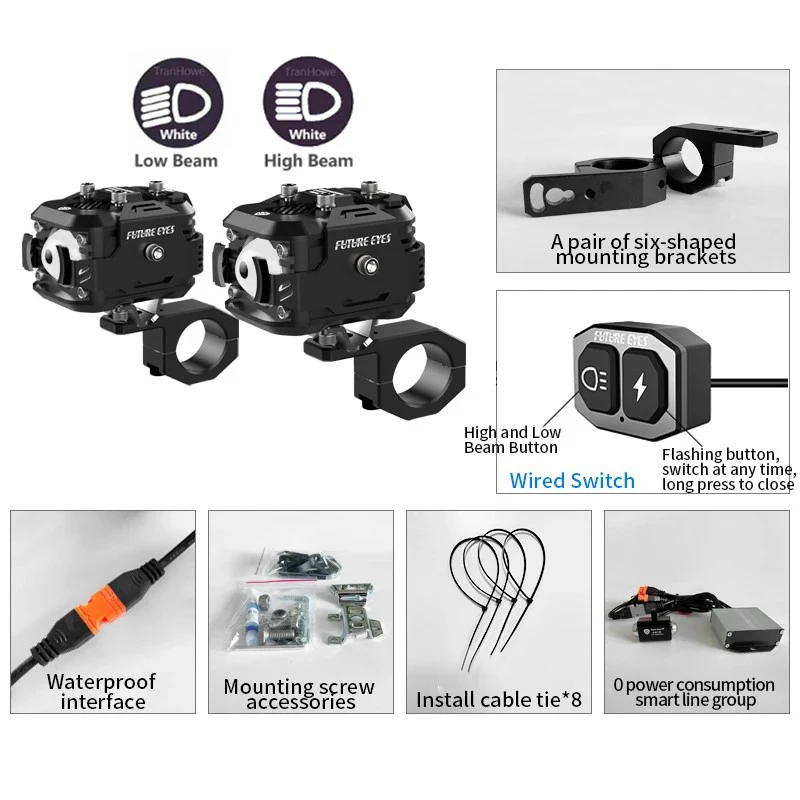 Future Eyes F150 Мотоцикл Светодиодный прожектор Электрический скутер Вспомогательная дорога Ближний свет и дальний свет Вырывная вспышка Белые желтые огни