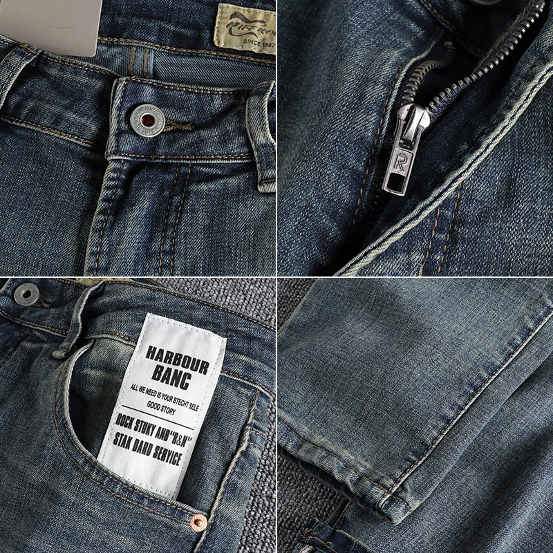 Pocket patch American retro old washed blue jeans men's fit small straight joker four seasons green trousers