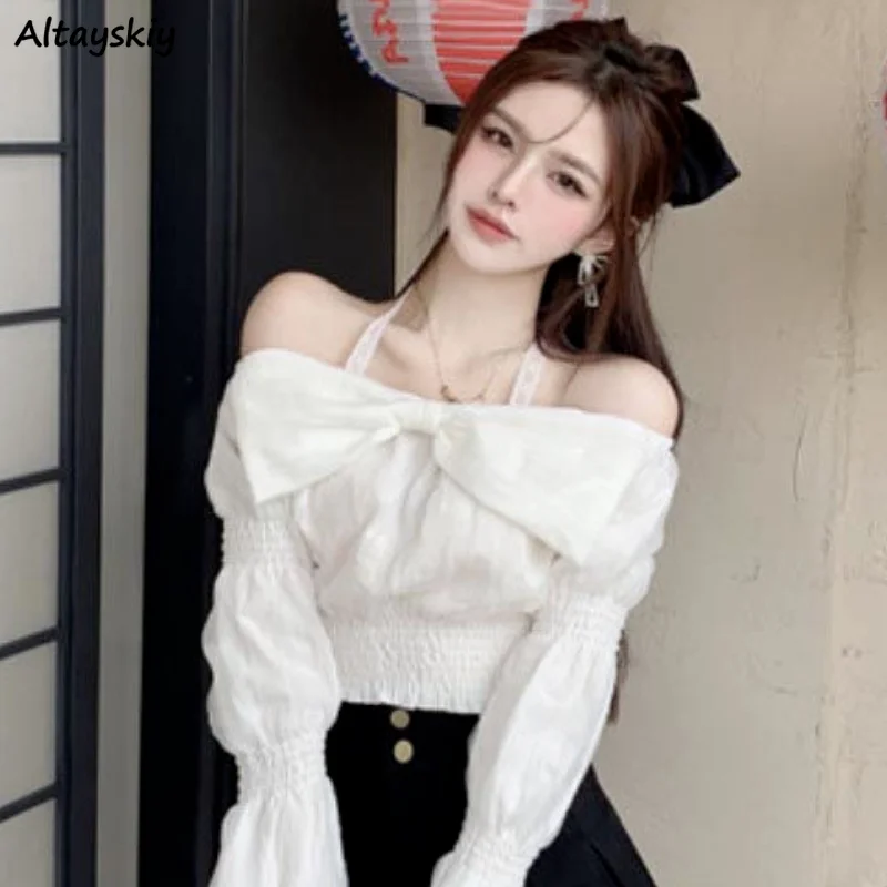 Блузки женские с рукавами-фонариками и бантом белые однотонные милые девичьи