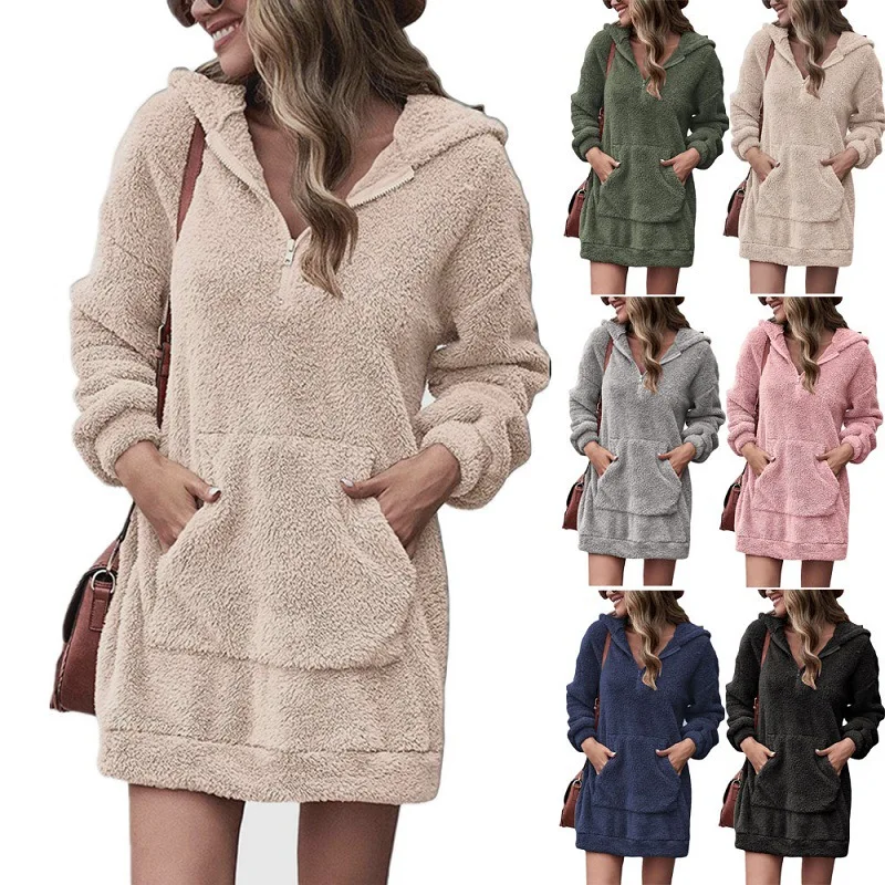 

Новинка 2023, осенне-зимнее женское двустороннее плюшевое Свободное пальто на молнии с капюшоном