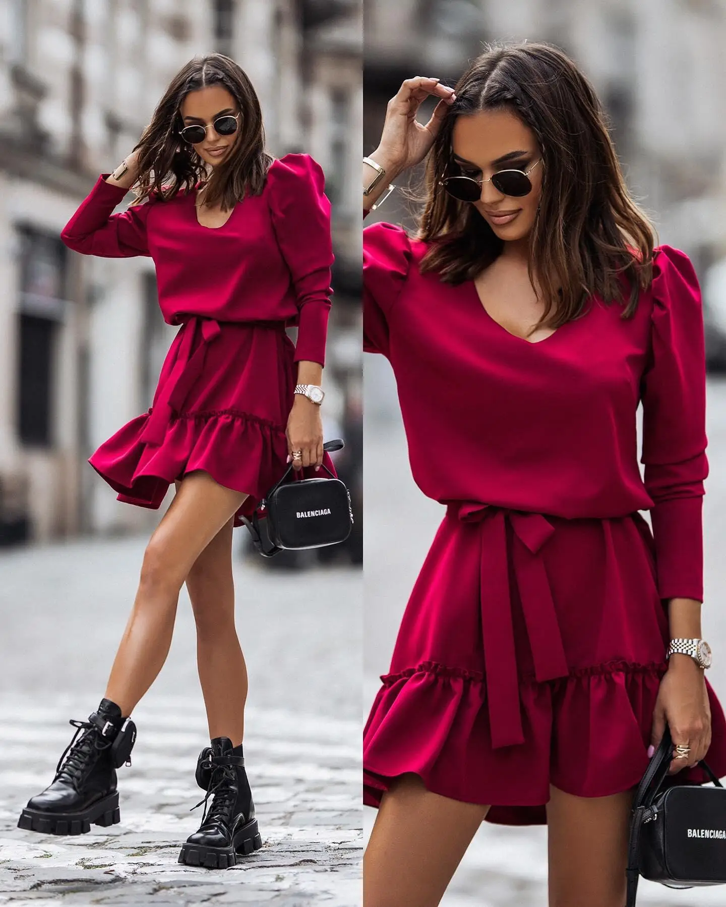 

2022 Autumn New Women's V-neck Long-sleeved Pleated Stitching Dress Women Fashion Slim Puff Sleeve Solid Color Pullover Dresses