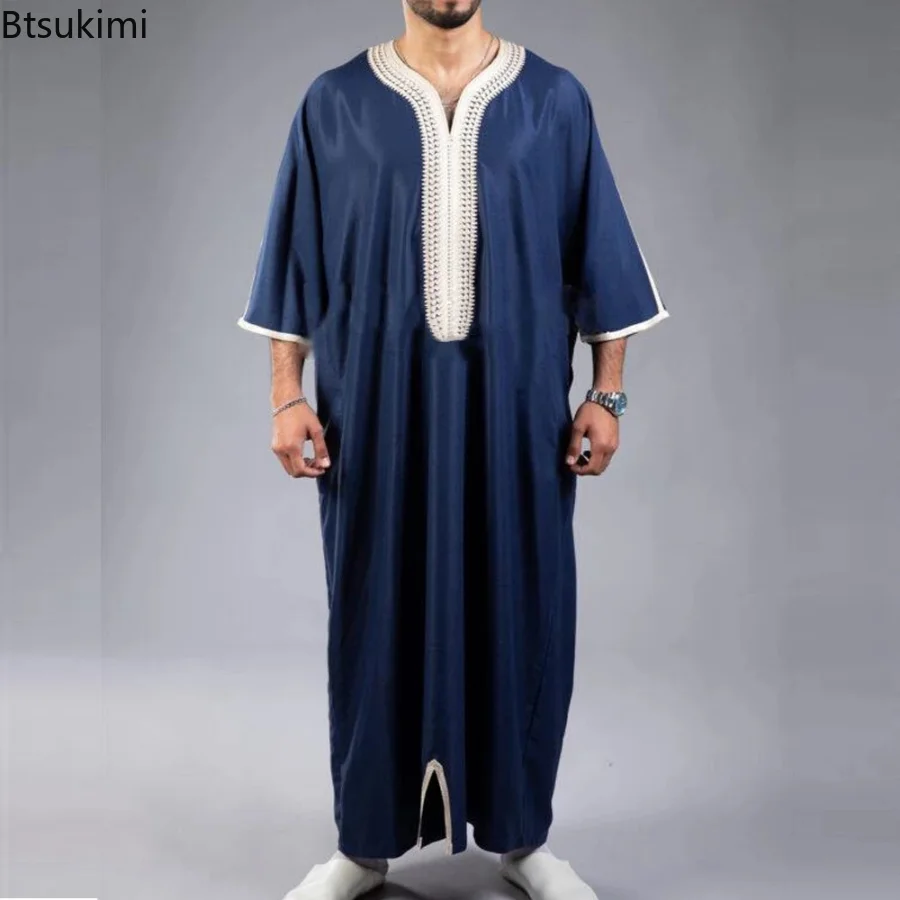 Новинка 2023, Мужская Арабская мусульманская модная одежда, мужская вышитая одежда Jubba Thobes Homme, марокканский кафтан Eid, длинное Молитвенное платье