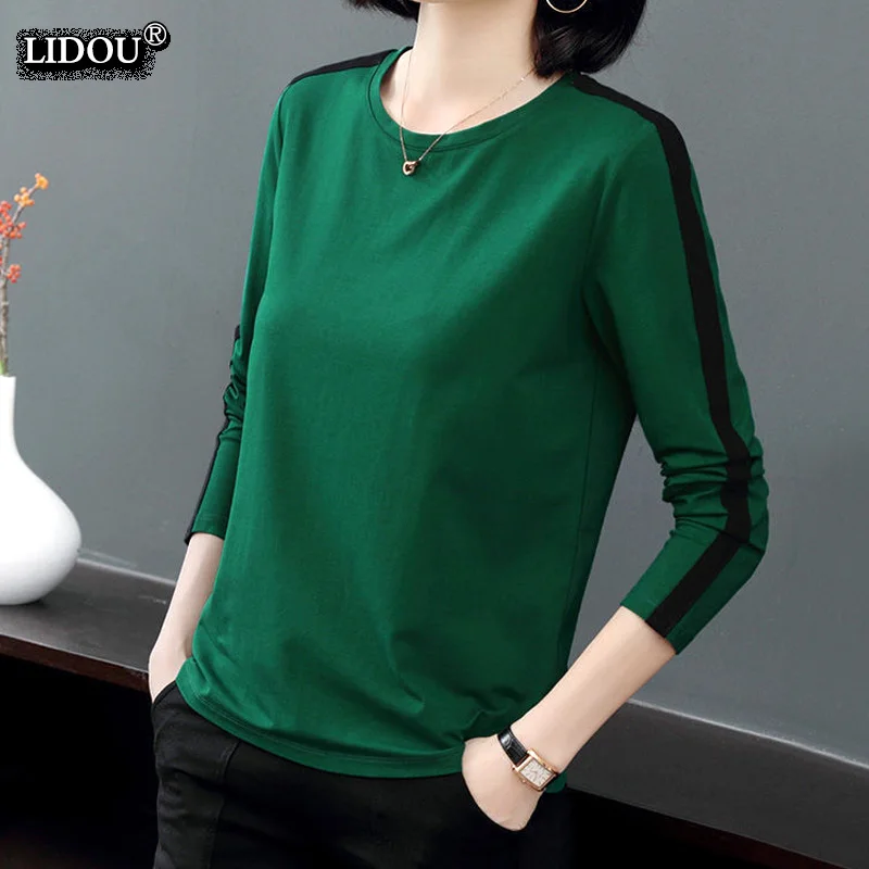

Casual Spring Autumn Fashion O-neck Long Sleeved T-shirts Solid Color Skinny Hot Selling All-match Retro Trend Women's Clothing