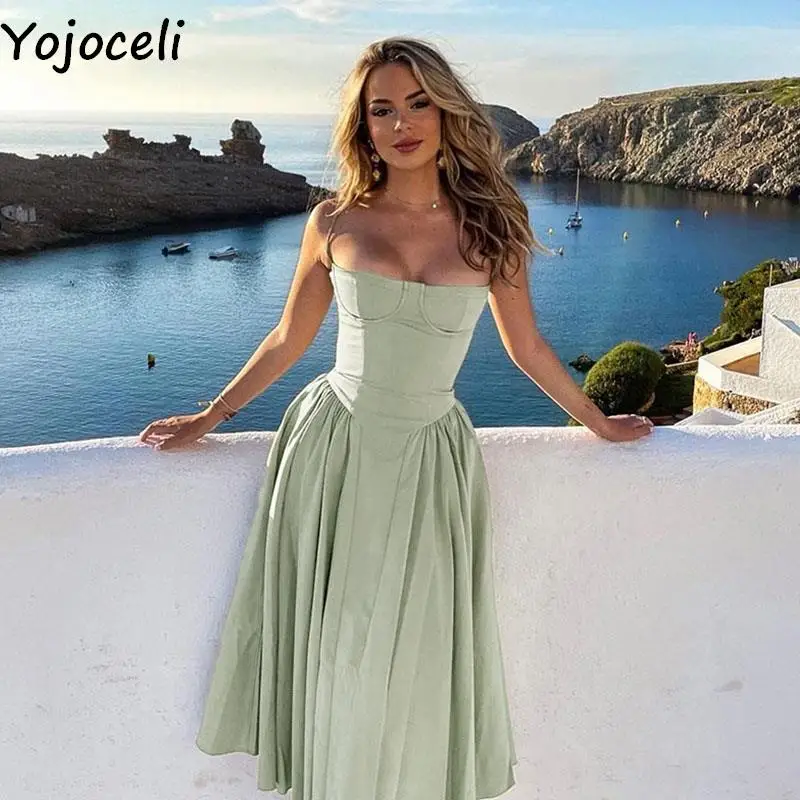 

Летнее пляжное пикантное платье Yojoceli без рукавов, повседневное Плиссированное модное платье миди, женское длинное зеленое черное платье, сарафан, платья