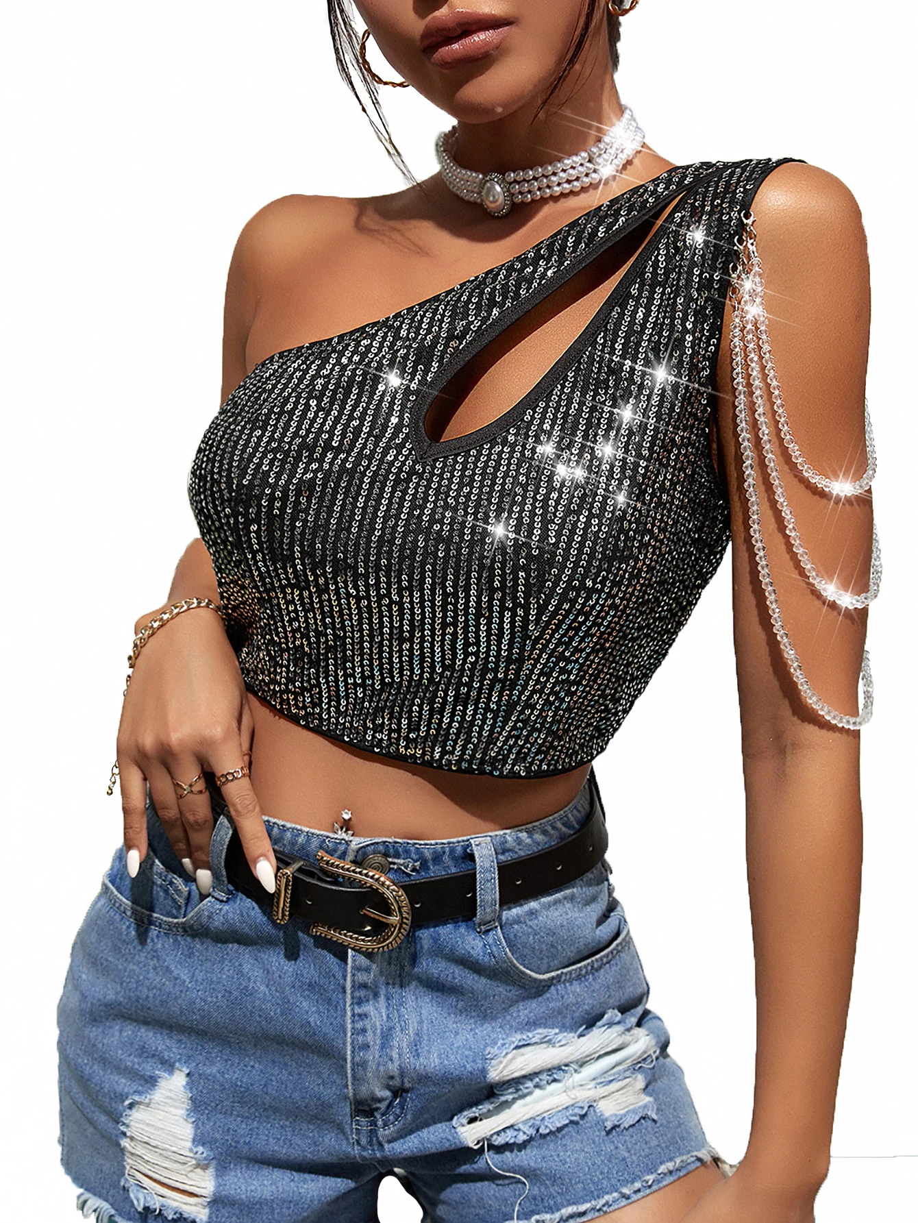 2022 New Women's Sequin Wear Slanted Shoulder Vest Party With Bottom Personality Casual Top Slim Top Black Gold Silver Sparkly