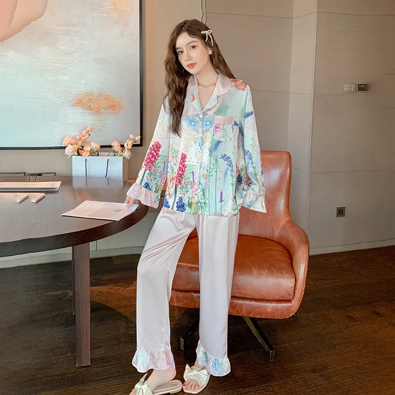 Light Luxury Thin Ice Silk Women's Pajamas Sets High-end Simulation Silk Home Service Sleepwear Spring and Autumn Nightwear Suit