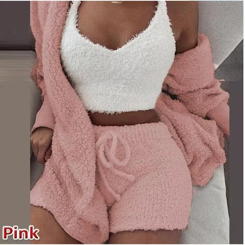 

Pant Sets Plush Homewear Casual 3-Piece Pajamas Long-Sleeved Shorts Sports Suit Solid Color Fashion 2023 New