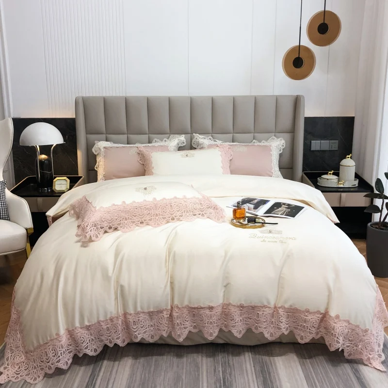 

Романтический кружевной край с вышивкой 1000TC, египетский хлопок, принцесса, 4 шт., комплект постельного белья, одеяло, набор пододеяльников, комплект постельного белья, подушки, наволочки