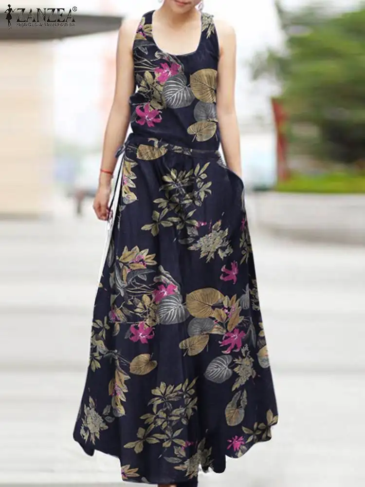

2022 ZANZEA Bohemian Summer Sleeveless Floral Printed Long Dress Vintage Women Holiday Sundress Loose Vestido Sarafan Robe Femme