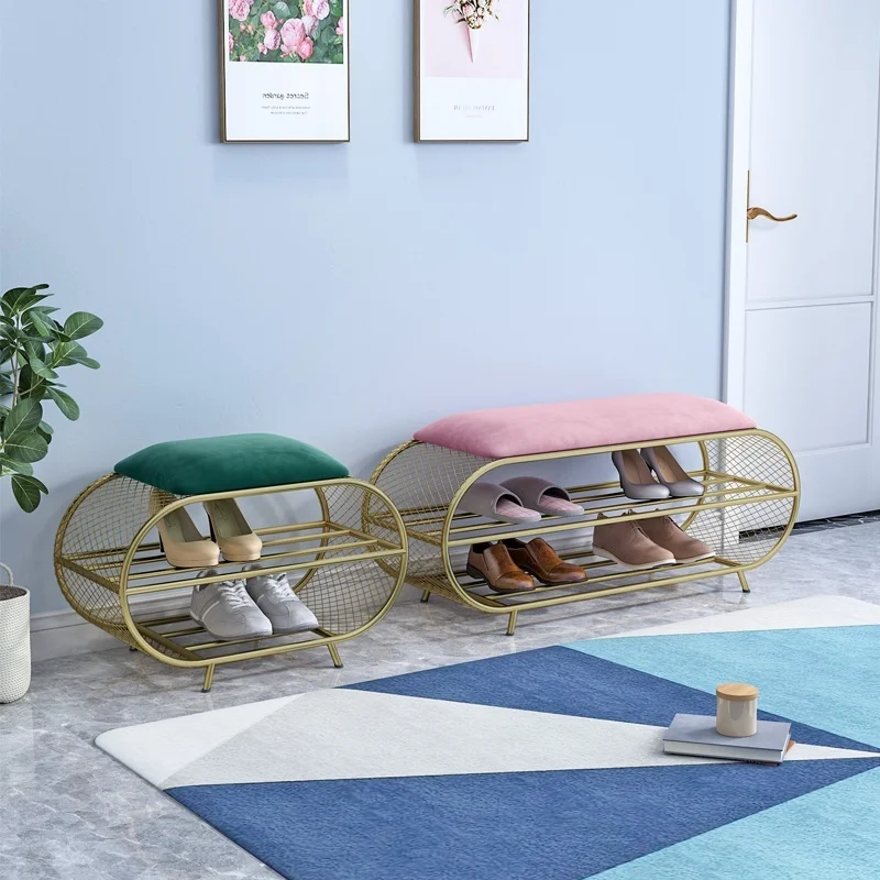 

Metal shoe rack with seat creative shoe changing stool entrance furniture storage shelf space saving bench hallway cabinets