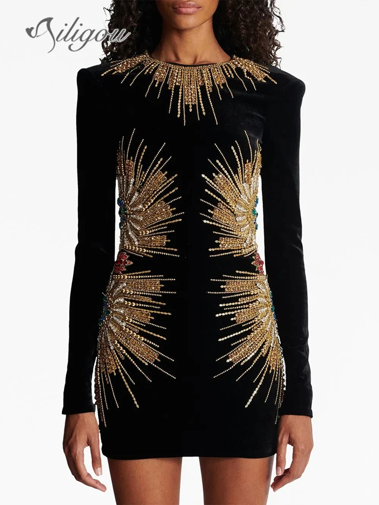 

Осень 2023, новинка, женское бархатное сексуальное роскошное облегающее мини-платье Ailigou с блестками, элегантное платье знаменитости