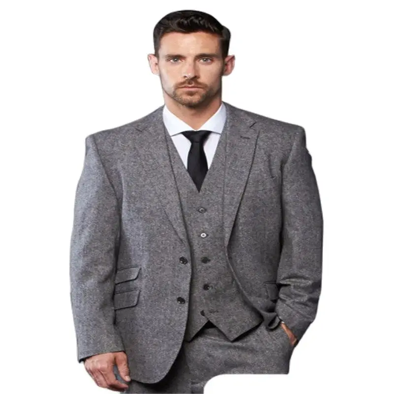 

2020 Latest Coat Pant Designs Grey Tweed Men Suit Slim Fit 3 Piece Tuxedo Custom Groom Gentle Blazer Prom Suits Terno Masculino