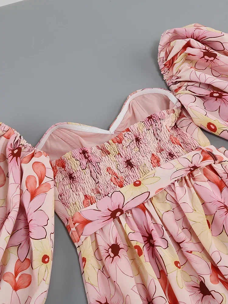 Женское длинное платье с цветочным принтом элегантное розовое V-образным вырезом