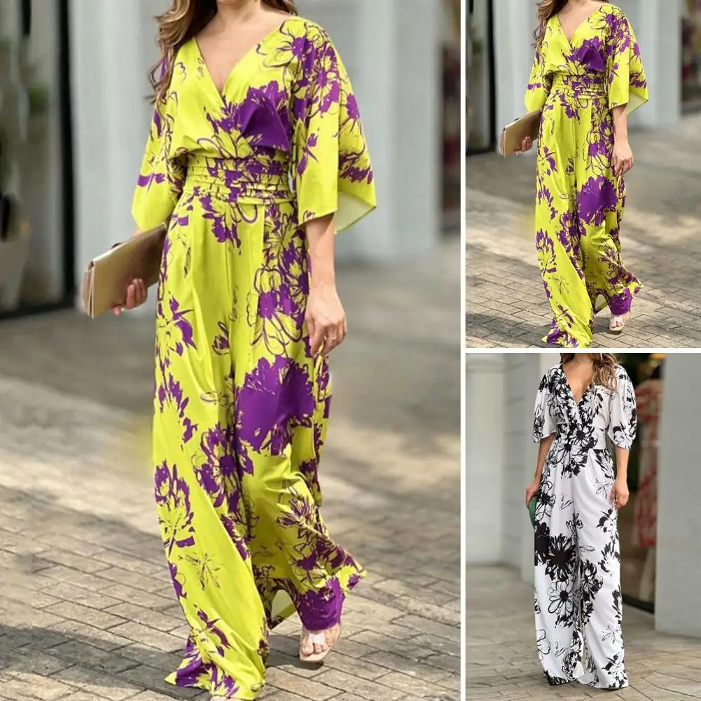 V-Neck Batwing Half Sleeve Backless High-Waist Elastic Waist Women Jumpsuit Floral Print Loose Casual Romper