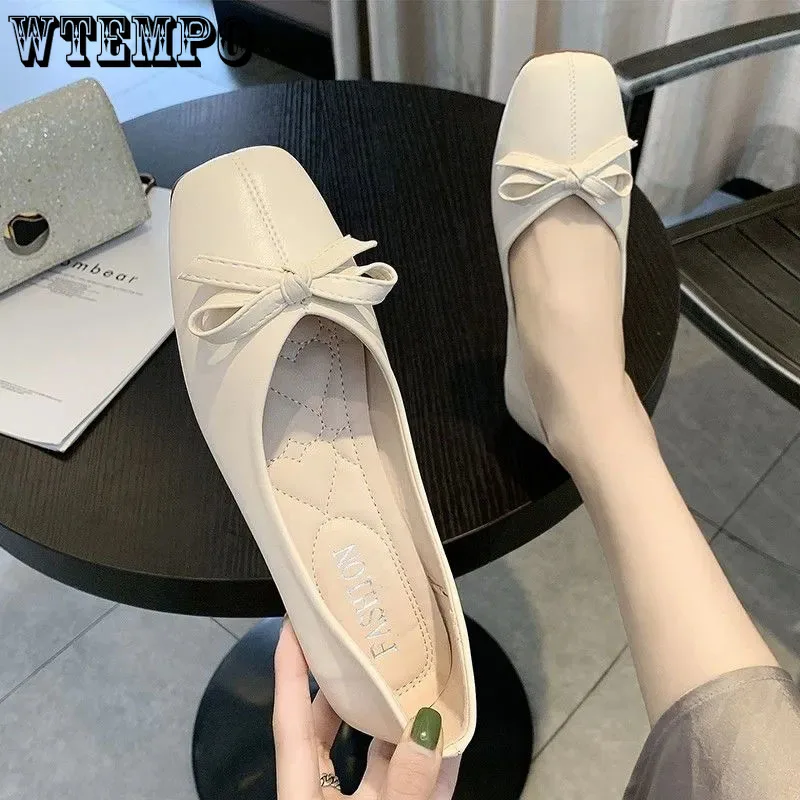 

Square Toe Leather Shoes Artificial Soft Sole Women Commuting Work Shoes Simple Casual Shallow Slip-on Korean Fashion Wholesale