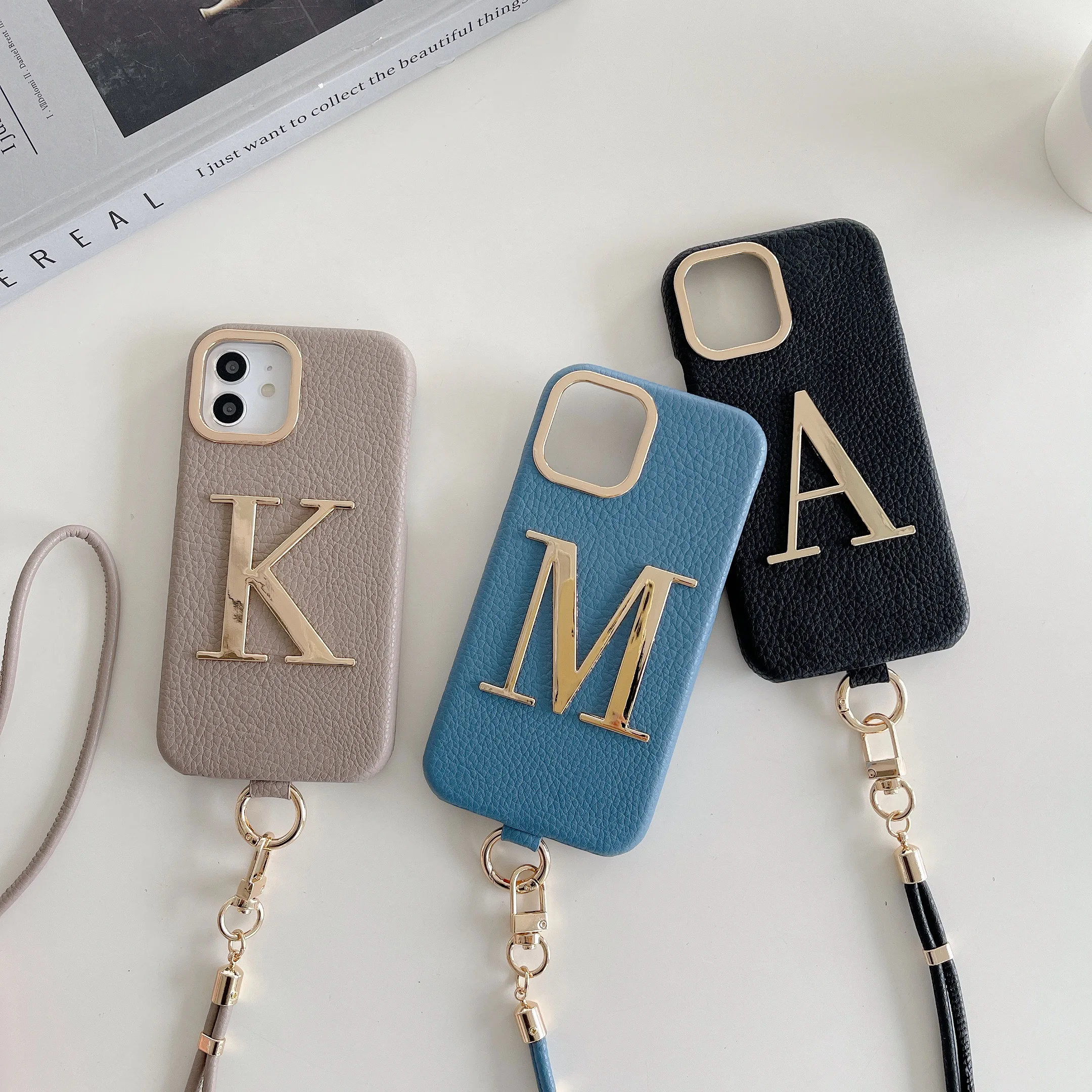 Premium Luxury Leather Gold Letter Custom Initial Lanyard Phone Case For iPhone 11 12 13 14Pro Max Protective Phone Cover