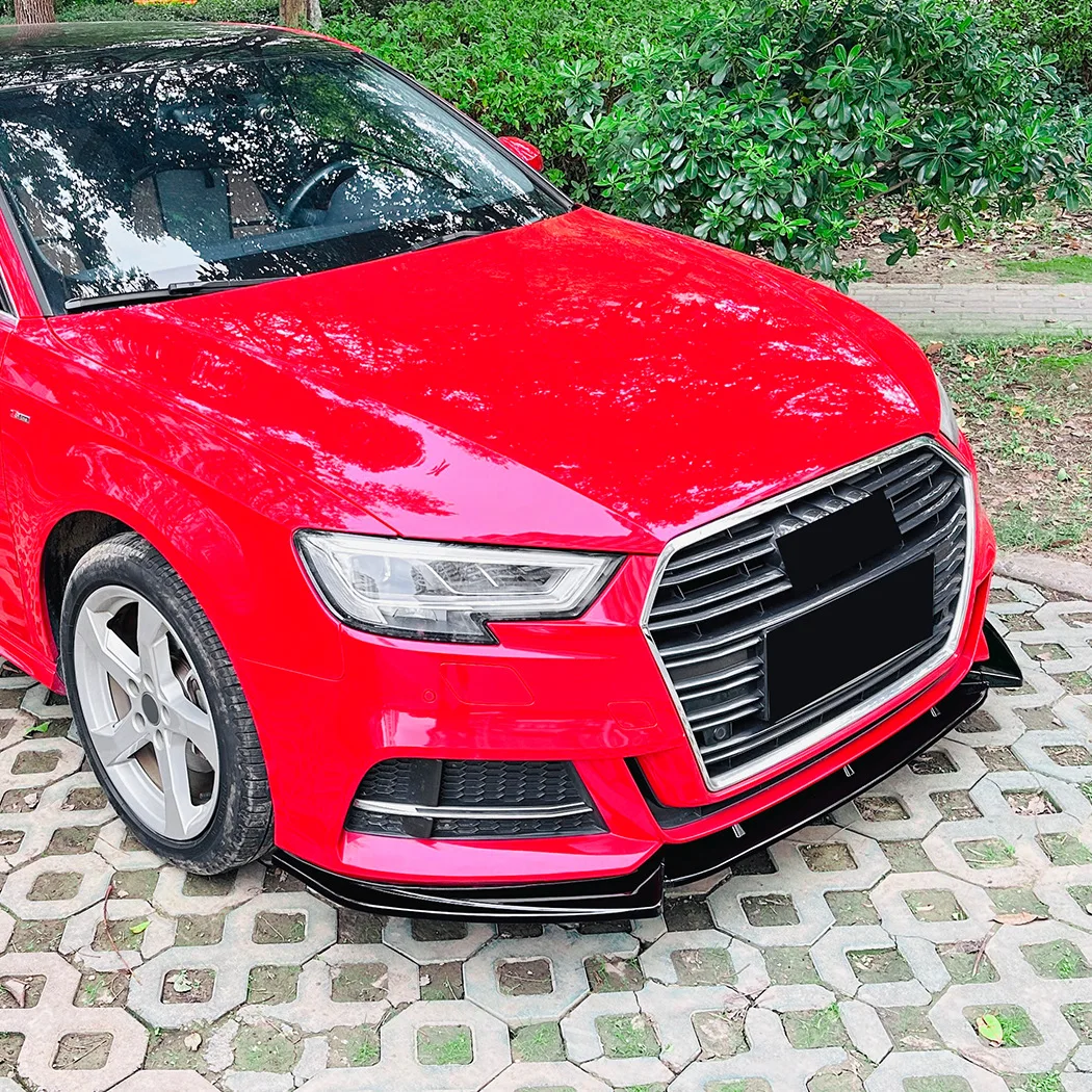 Фото Комплект из 3-х частей: сплиттер-спойлер переднего бампера для Audi A3 S3 8V Facelift 2017-2020, цвет черный глянец, карбон, нижний диффузор, мод-комплект №2