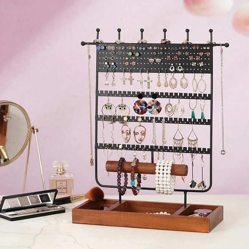 Iron Art Earring Stand Earrings Box Solid Wood Jewelry Storage Display Necklace Ornament Ring Bracelet Jewelry Display Stand