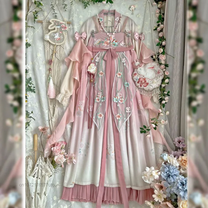 

Pink Silk Bows Embroid Floral Pattern Fairycore Yaochi Hanfu Dress Cosplay Immortals Han Chinese Elements Summer Dress Set