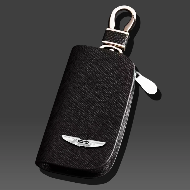 

With metal logo Leather Car Key Case Wallet Zipper Key Bag For Chrysler Pacifica 300 Ypsilon Delta 300C 200 150S Auto Accessory