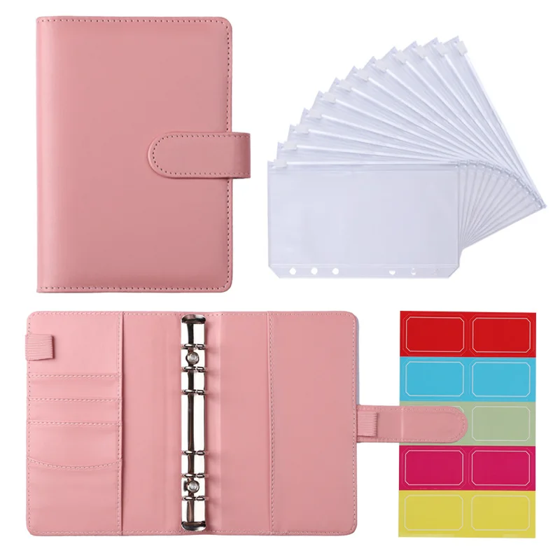 

A6 Binder Budget PU Leather Planner Notebook Cover Folder 6Holes Expense Budget Cash Envelope Organizer System with Clear Zipper