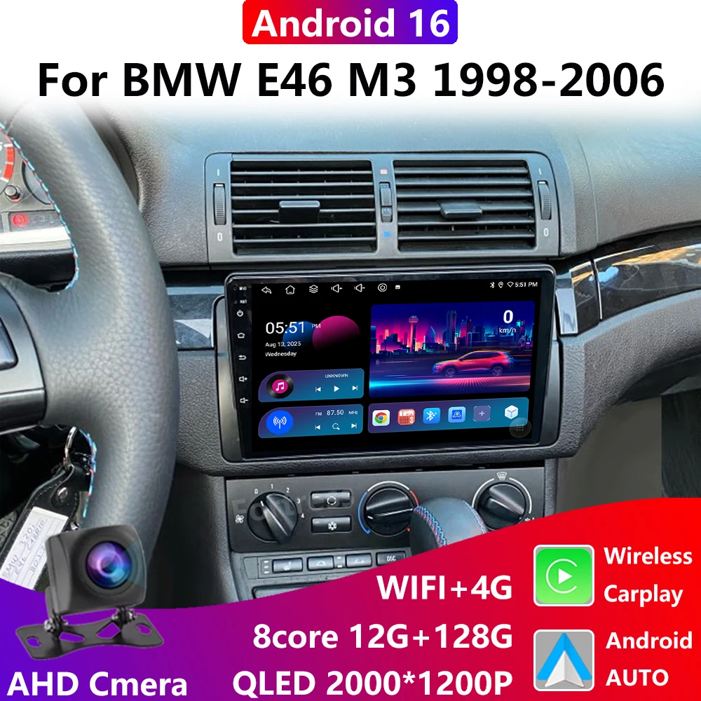 Фото 9-дюймовый Android 16 с поддержкой Wireless Carplay для BMW E46 M3 318/320/325/330/335 1998-2005, автомобильный радиоприемник, видеоплеер, сенсорный экран, 4G WiFi №1