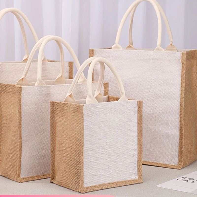 

Blank Burlap Jute Tote Bags with Handles Wedding Bridesmaid Gift Bags Embroidery DIY Art Crafts Reusable Grocery Organizer