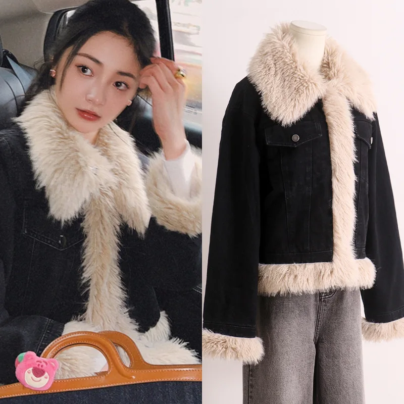 

[Spot] Zhou Jieqiong with the autumn and winter new vintage fashion clip cotton warm lamb collar denim coat female