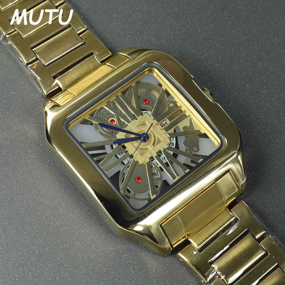 

AAA Original Brand Hollow Creative Design Quartz Watches Mens Gold Classic Square Steel Movement Watch Clocks Relogio Masculino