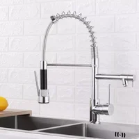 Brushed Nickel Spring Pull Down Kitchen Sink Faucet Hot & Cold Water Mixer Faucets Double Outlet Deck Mounted 360 Swivel Handle