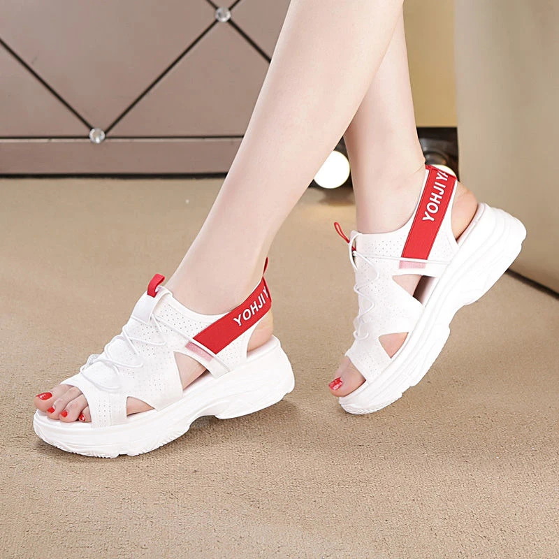 

Модные спортивные сандалии Miaoguan с открытым носком, эластичные на белой толстой платформе, Новинка лета 2021, женская обувь