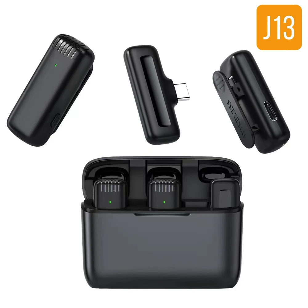 

New J13 J11 Portable Wireless 20M Lavalier Microphone Transmitter and Receiver Clip Lable Audio Video Mic with Type-C Lightning