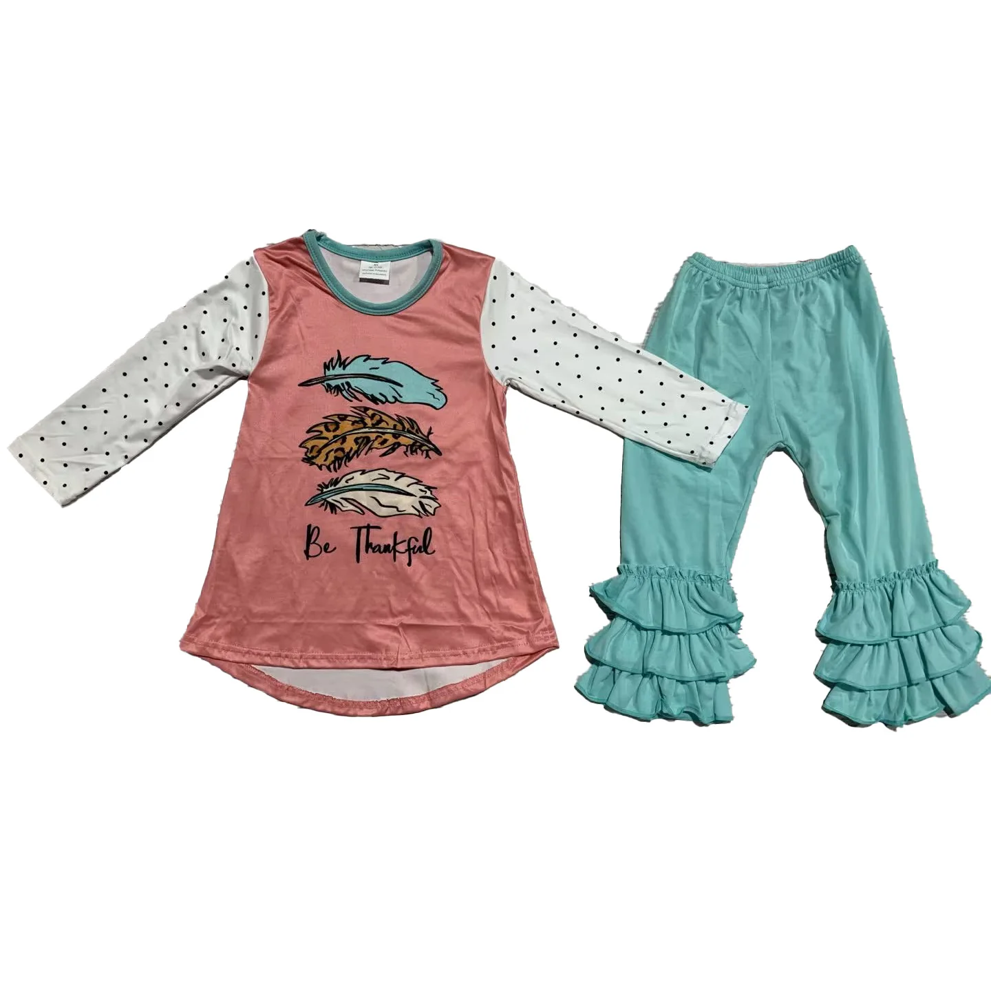 

Wholesale Boutique Spring and Autumn Baby Girl Mid-length Tops Leggings with Lace All-match Children's Clothing Feather Print