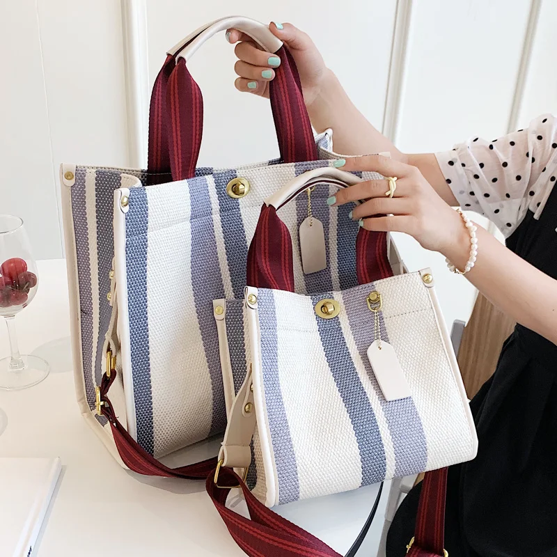 

Большая Сумка-тоут, повседневная полосатая Холщовая Сумка для женщин, женская модная текстурная сумка на плечо 2023, для поездок