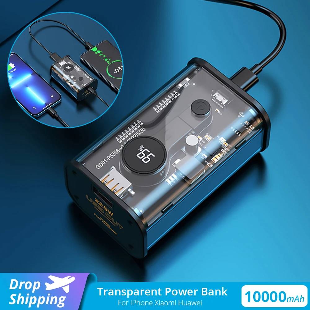 

Transparent Power Bank 10000mAh PD 20W Fast Charging Powerbank Portable Battery Charger PoverBank For iPhone Xiaomi Huawei