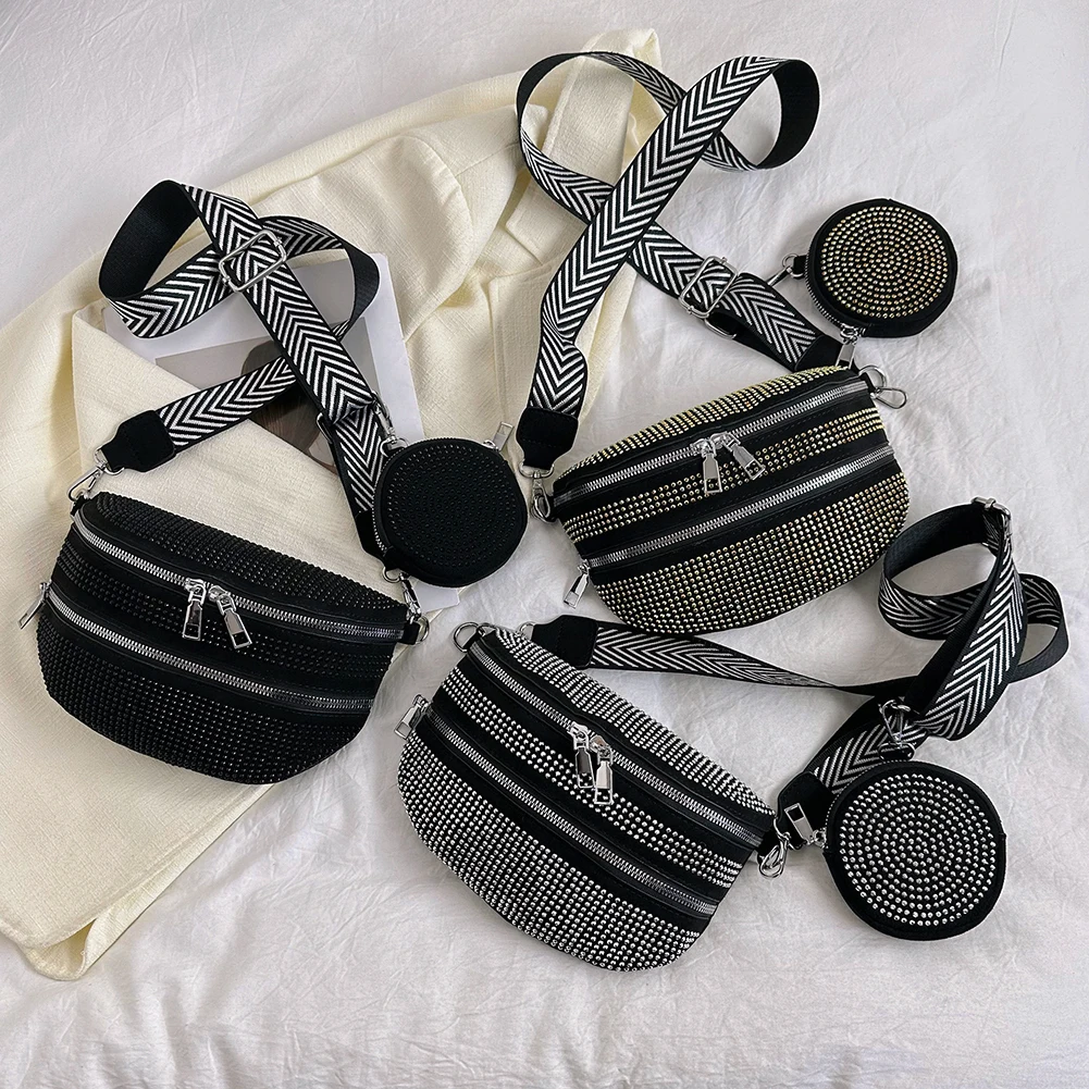 

Rhinestone Fanny Pack Bum Bag Casual Women Messenger Bags Double Zipper Portable Simple Adjustable Strap with Small Round Purse