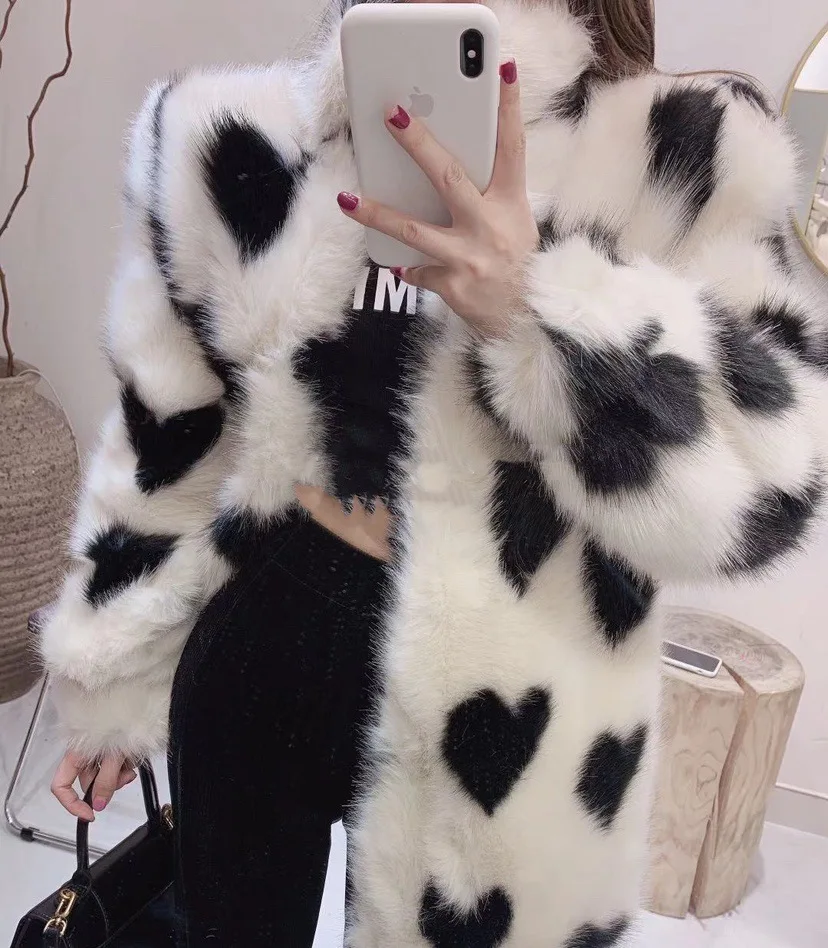 Winter Loose Heart Outerwear Mink Velvet Street Imitation Fur Long Coat Women Thick Warm Fur Casual Jackets for Women Knitted
