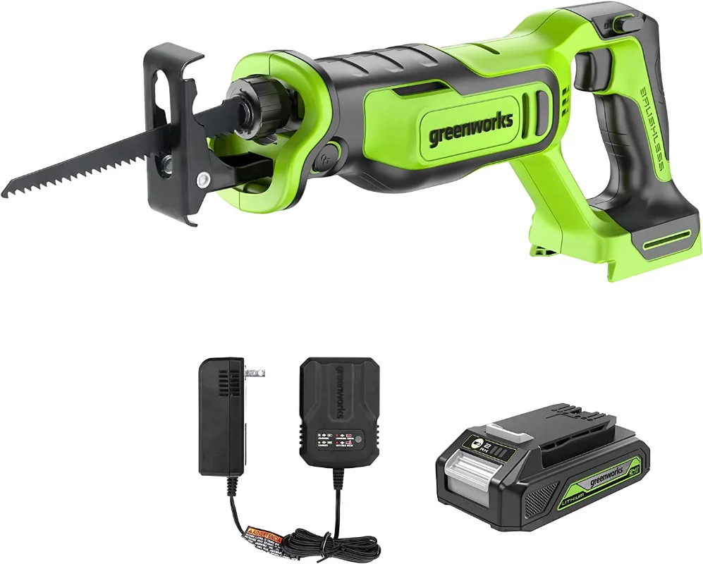 

24V Brushless 1" Reciprocating Saw Kit, Cordless Powered Variable Speed Saw, 2 Ah Battery and Charger