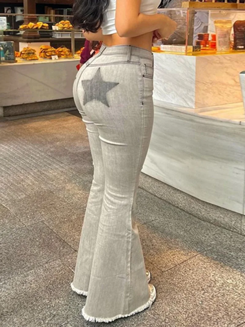 

New Autumn Five-pointed Star Print Jeans Y2K Streetwear Fashion 2023 High Waist Slim Flare Pants Vintage Female Trousers Blue