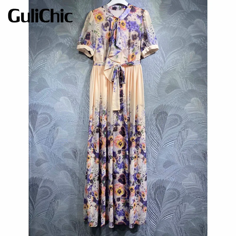 

6.9 GuliChic Fashion Design Maxi Dresses Women Stand Collar Short Sleeve Collect Waist Lace-up Elegant Long Dress