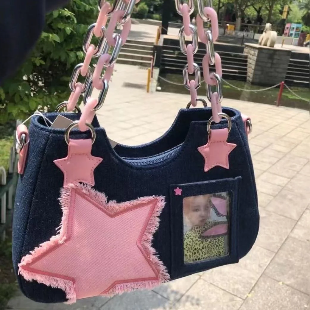 

Y2K винтажная корейская модная сумка через плечо Harajuku Star Tote, джинсовая сумка на цепочке, женские сумки на молнии, сумочки, женские сумки