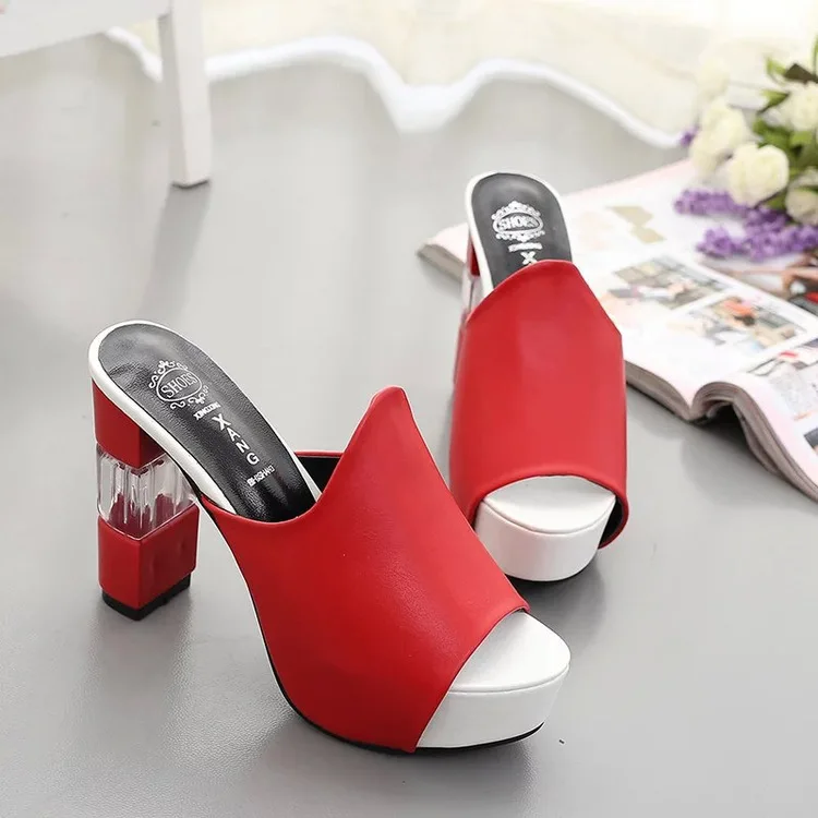 Ladies Leather Sole Slippers Women Sexy High Thick Heel 12cm Mules Black Red White Peep Toe Platform PU Sandals Shoes Breathable