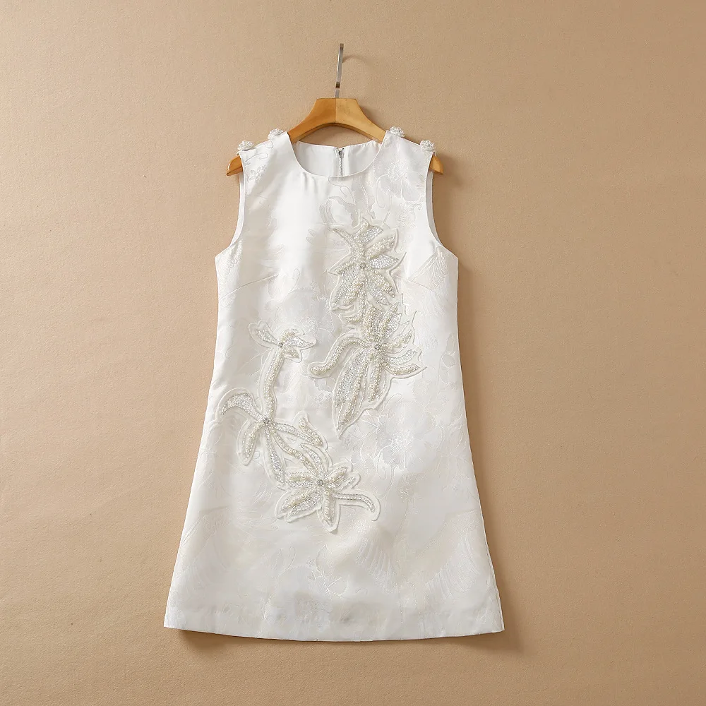 

European and American women's summer 2022 new Sleeveless round neck heavy bead Fashionable jacquard dress